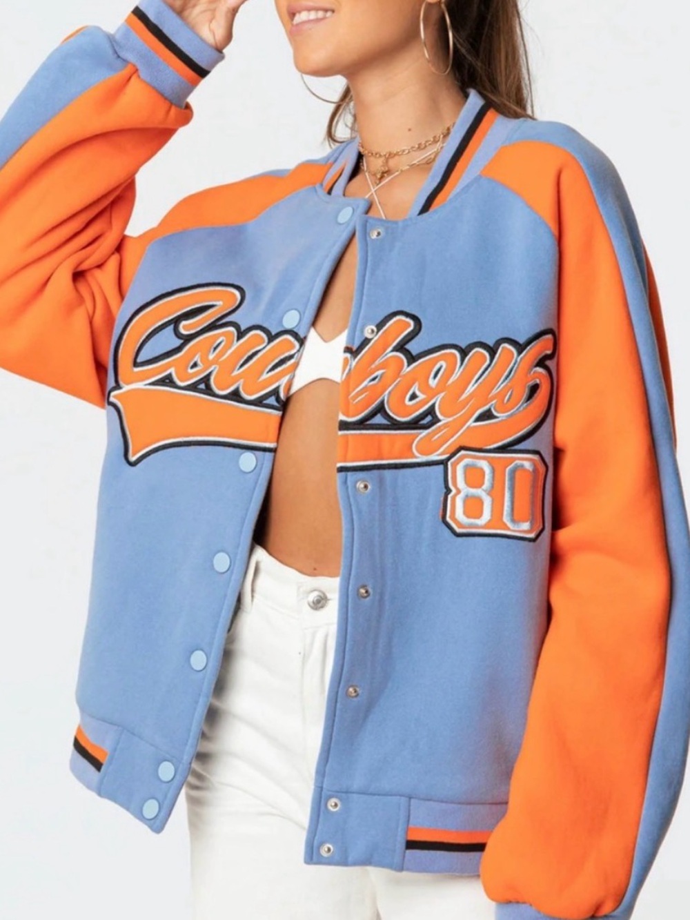 Edikted ‘Cowboys’ Varsity Jacket Sweatshirt Powder Blue & Bright Orange Size XS